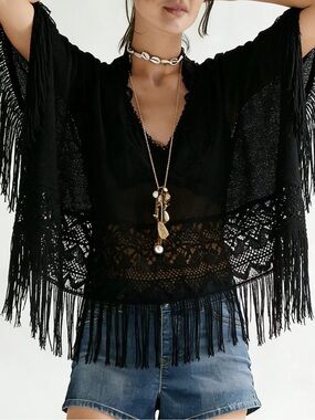 ❤️Hello Gorgeous! Lace Fringe Cover-Up Crochet  Boho Top - Black